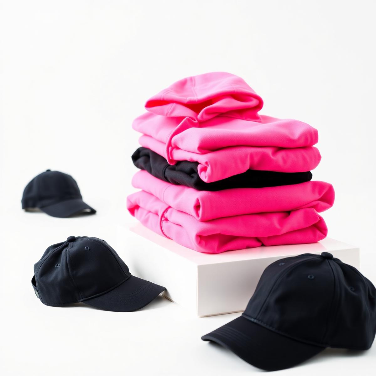 Pink and black CHXX hoodies folded beside black caps